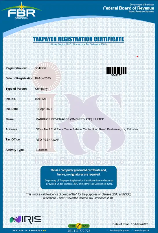 FBR Taxpayer Registration - Markhor Beverages